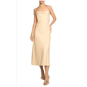 Know One Cares Linen Blend Cowl Neck Slip Midi Dress Beige Size L NWT Wedding